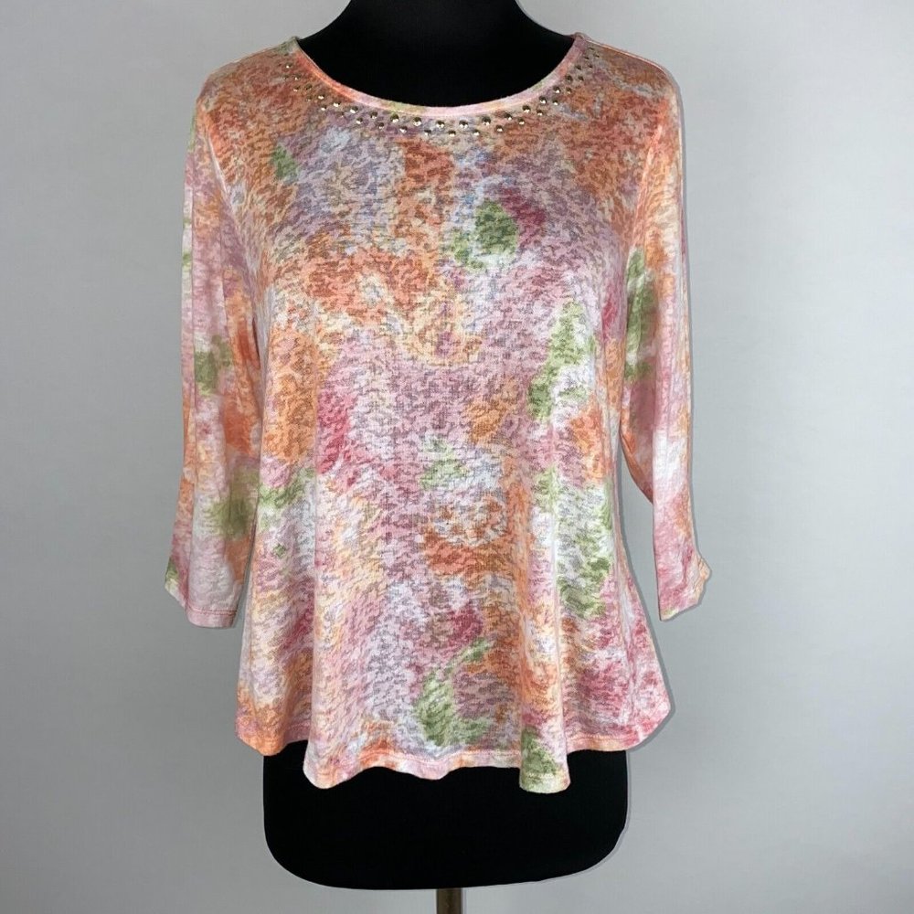 Ruby Rd. T-Shirt Top Petites PM Colorful Burnout Tie Dye Rhinestones 3/4 Sleeves